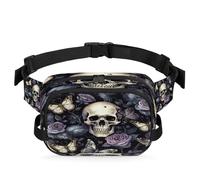 Skull Rose Butterfly Fanny Pack for Women Men, Waterproof Waist Bag with Adjustable Strap Dual Zippers, Lightweight Crossbody Chest Bag for Running Hiking Sports