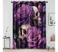 Skull Rose Curtains, Purple Flower Pattern Blackout Curtains 54 Inch Drop, Gothic Skeleton Floral Window Treatments Thermal Eyelet Drapes for Bedroom Living Room, 90x54 Inch 2 Panels a4Q336