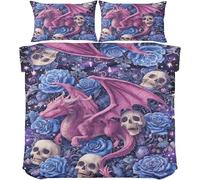 Skull & Rose Duvet Cover Double, Purple Flying Dragon Bedding, Soft Cosy 3 Piece 110gsm Microfibre Quilt Cover and 2xPillow Case 50x75 cm with Zipper Closure for Bedroom W472