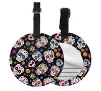 Skull Rose Flower Round Luggage Tag 4PCS Sugar Skull PU Leather Travel Bag Tag ID Labels Name Card Holder wtih Buckle for Luggage Suitcase Backpacks