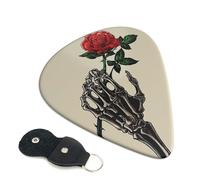 Skull rose Printed Guitar Picks, 6 Pack with Leather Keychain Pick Holder - 0.46mm, 0.71mm, 0.96mm Assorted Thickness for Acoustic Ukulele, Electric Guitar, Acoustic Guitar, Bass