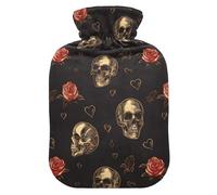 Skull Rose Red Black Valentines hot Water Bottle with Soft Cover, 2L hot compresses for The Body for Tummy Warmer,Tummy Warmer,bolsas de agua Caliente para Dolores