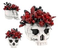 Skull Rose Red Bouquet Building Blocks Set, 510 PCS Artificial Flower Botanical Building Bricks Toys, Gothic Horror Skeleton Plant Pot Building Kit for Home Decor, Ideas Gifts for Teens Adults