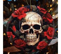 Skull Rose-Red Ceramic Christmas Ornaments - 4 Pcs Rustic Round Xma Tree Decor with Hanging String, Personalized Vintage Double-Sided Holiday Party Decorations for Xmas Gifts