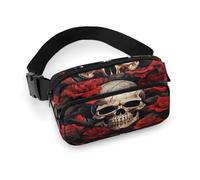 Skull Rose-Red Fanny Pack Belt Bag with Adjustable Strap Fashion Waist Bag for Outdoor Sports Hiking, white, 20x13cm, Full Printed Waist Bag