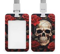 Skull Rose-Red ID Badge Holder with Vertical Card Badge Holder Waterproof Plastic Card Sleeve Badges Protector Case Name Tag ID Card Holder for Office Doctor Nurse Teachers