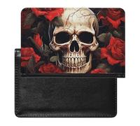 Skull Rose-Red Passport Holder with 3 Card Slots, Portable PU Leather Travel Wallet, Slim Protective Cover for Passport, ID, Credit Cards