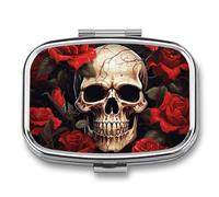 Skull Rose-Red Pill Box 2 Compartment - Small Metal Medicine Organizer Portable Pill Case for Purse Pocket Travel Vitamin Organizer for Men Women, BPA-Free