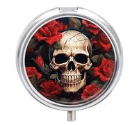 Skull Rose-Red Pill Box 3 Compartment Waterproof Pill Container with Mirror Metal Medicine Box Organizer Portable Vitamin Case for Pocket & Purse Travel - Round
