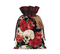 Skull Rose-Red Print Festive Plaid Gift Bag, Candy Bag, Drawstring Burlap Pouch For Holiday Presents Favor-M