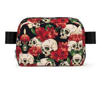 Skull Rose-Red Print Waterproof Sling Bag with Large Opening Side Bag Durable Waist Pack for Running Cycling Travel
