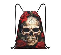 Skull Rose-Red Women Men Drawstring Bag Large Pe Bag Lightweight Drawstring Backpack For Football Hiking Beach