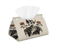 Skull Rose Tissue Box Cover Funny Skeleton Flower Pu Leather Tissue Holder Long Decorative Organizer For Office Car Home Bathroom Napkins and Facial Dispenser