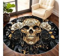 Skull Round Rug 210cm, Golden Skull Circle Rugs, Black Rose Rug, Washable Round Carpet for Kitchen Dining Living Room Bathroom Under the Sofa