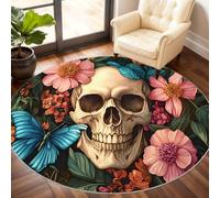 Skull Round Rug 240cm, Skull Circle Rugs, Tropical Plants Rug, Washable Round Carpet for Kitchen Dining Living Room Bathroom Beneath the Furniture