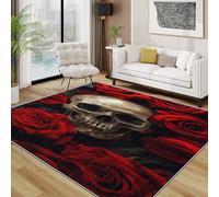 Skull Rug - Horror Gothic Skeleton Small Rugs for Bedroom 60x90, Red Rose Romantic Floor Mat Soft Washable Non Slip Indoor Mats, Skull Room Decor