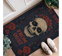 Skull Runner Rug, Halloween Gothic Roses Leaves Halloween Black Low Pile Sponge Soft Doormat Throw Rug Stain Resistant for Kitchen Entryway Bathroom Doorway Decor 2x3 Ft