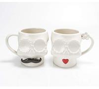 Skull Shaped Mug Male/Female with Mustache or Red Lips Señor Señorita Mexican Style Gift for A Couple Tea Coffee (Male Moustache)