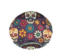 Skull Shower Cap,Day Of The Dead Suger Skull And Flower Pattern Waterproof Double Layer Bath Caps Perfect For All Hair Lengths And Thicknesses