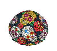 Skull Shower Cap,Mexican Dia De Los Muertos Sugar Skulls And Roses Waterproof Double Layer Bath Caps Perfect For All Hair Lengths And Thicknesses