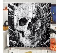 Skull Shower Curtain, Black White Spider Web Halloween Decor, Spooky Gothic Bathroom Set, Modern Artistic Waterproof Fabric Shower Curtain with Hooks 36x72 Inch