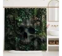 Skull Shower Curtain, Dark Green Jungle Leaf Bathroom Decor, Halloween Gothic Vintage Style Waterproof Fabric Shower Curtain with Hooks 72x84 Inch