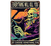 Skull Sign Ornament Vintage Wall Art Skull Metal Signs Tin Sign Wall Decor Funny Retro Plaque Signs for Home Decor Bars Car Garage Gate Cafes Funny Skull Gifts for Men Cave 8x12 Inch