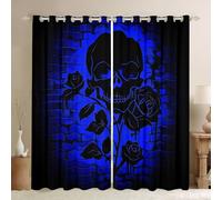 Skull Silhouette Window Curtain for Kids Teens Gothic Rose Flower Window Treatment Curtains Romantic Fashion Neon Blue 30%-50% Blackout Drapes Skeleton Darkening Drapes,46Wx72L