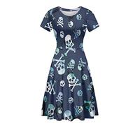 Skull Skeleton Blue Woman A Line Prom Dress Female High Waisted Skater Dress Ladies Elegant Vintage Short Sleeve Swing Midi Prom & Dance Dresses