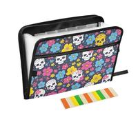Skull Skeleton Colorful Floral Expanding File Folder 13 Pockets Accordion File Organiser Folders for Paperwork A4 Storage Portable Document Organiser Filing Wallet