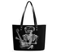 Skull Skeleton Playing Guitar Tote Bag Large Soft Leather Purse with Zipper Lightweight Ladies Shoulder Handbag