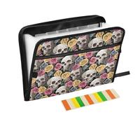 Skull Skeleton Yellow Pink Floral Expanding File Folder 13 Pockets Accordion File Organiser Folders for Paperwork A4 Storage Portable Document Organiser Filing Wallet