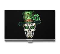 Skull St Patrick Day of The Dead Lucky Shamrock Business Card Holder Metal Wallet Credit Card ID Case for Men Women