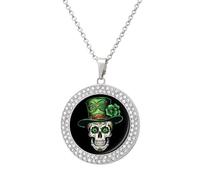 Skull St Patrick Day of The Dead Lucky Shamrock Multicolored Diamond Necklace Dainty Round Pendants Jewelry for Women Silver-style