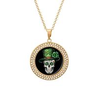 Skull St Patrick Day of The Dead Lucky Shamrock Multicolored Diamond Necklace Dainty Round Pendants Jewelry for Women Golden-style