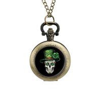 Skull St Patrick Day of The Dead Lucky Shamrock Pocket Watch Vintage Quartz Pocket Watches with Chain for Men Women Coppery-Style