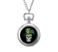 Skull St Patrick Day of The Dead Lucky Shamrock Pocket Watch Vintage Quartz Pocket Watches with Chain for Men Women Silver-Style