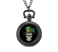 Skull St Patrick Day of The Dead Lucky Shamrock Pocket Watch Vintage Quartz Pocket Watches with Chain for Men Women Black-Style