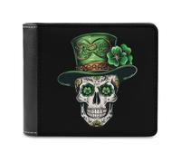 Skull St Patrick Day of The Dead Lucky Shamrock PU Leather Wallets Stylish Bifold Wallet Slim Front Pocket Credit Card Holder for Women Men