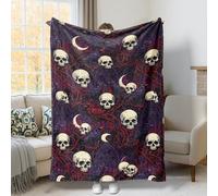 Skull Throw Blanket, Gothic Dark Raven Crescent Moon Halloween Violet Plush Blanket Lightweight Compact Aesthetic for Couch Sofa Bed Living Room Office Lap 40x50 Inch