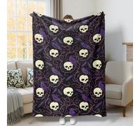 Skull Throw Blanket, Gothic Dark Raven Vine Halloween Black Plush Blanket Lightweight Compact Aesthetic for Couch Sofa Bed Car Chair Office Desk 40x60 Inch