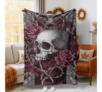Skull Throw Blanket, Gothic Dark Roses Thorns Fall Deep Red Fleece Blankets Soft Cozy Decorative for Couch Sofa Bed Lap Desk Dorm Office Work 40x50 Inch