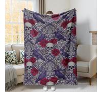 Skull Throw Blanket, Gothic Vintage Rose Raven Halloween Violet Flannel Blanket Soft Lightweight Decorative for Couch Sofa Bed Office Chair Recliner 40x50 Inch
