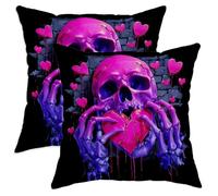 Skull Throw Pillow Covers Set of 2, Gothic Edgy Hearts Hands Halloween Peach Soft Velvet Washable Pattern Pillow Covers for Living Room Apartment Bed Sofa Decor 24x24 Inch