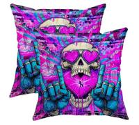 Skull Throw Pillow Covers Set of 2, Urban Graffitis Heart Hands None Peach Soft Velvet Washable Cover Decorative Pillows for Living Room Bed Office Sofa Chair Decor 28x28 Inch