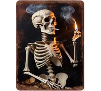Skull Tin Sign, Smoking Vintage Aluminum Sign, Funny Bathroom Decor Skeleton Metal Tin Sign, Skeleton Poster, Classic Halloween Signage 12"x8"