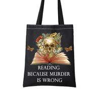 Skull tote bag Reading Because Murder Is Wrong Gifts For Mystery Book Lovers Bookish Gift tote bag (Cotton, WRONG tote bsg)
