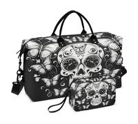 Skull Travel Duffle Bag Gym Bag, Skull Butterfly Black White Weekender Bags for Women with Toiletry Bag Travel Tote Bag Swim Bag