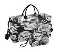 Skull Travel Duffle Bag Gym Bag, Skulls Roses Flower Grayscale Weekender Bags for Women with Toiletry Bag Travel Tote Bag Swim Bag