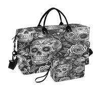 Skull Travel Duffle Bag Gym Bag, Sugar Skulls Roses Grayscale Weekender Bags for Women with Toiletry Bag Travel Tote Bag Swim Bag